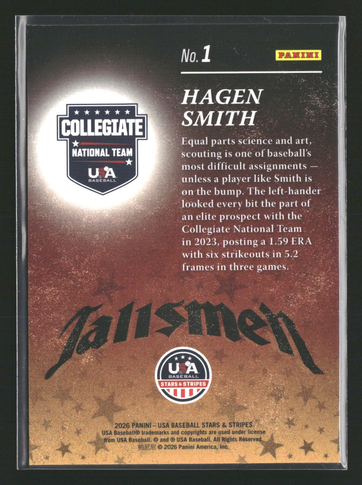 2026 Panini Stars & Stripes Prizm USA Baseball #1 Hagen Smith Talisman