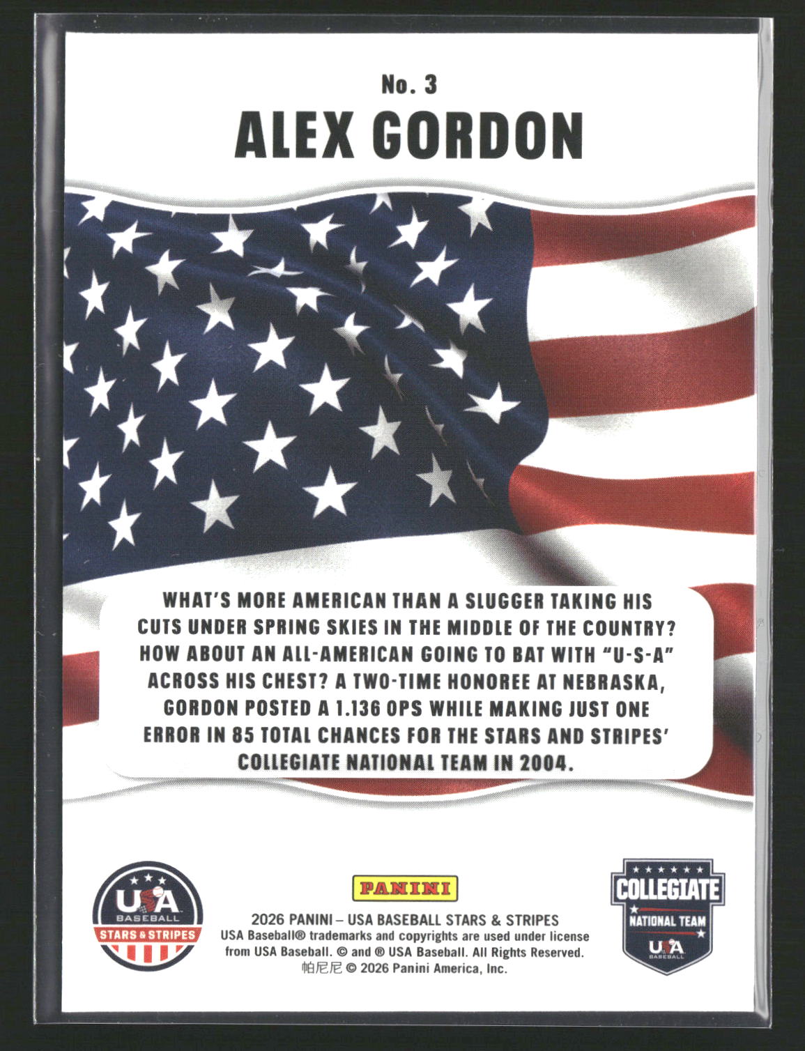 2026 Panini Stars & Stripes Prizm USA Baseball #3 Alex Gordon All-American