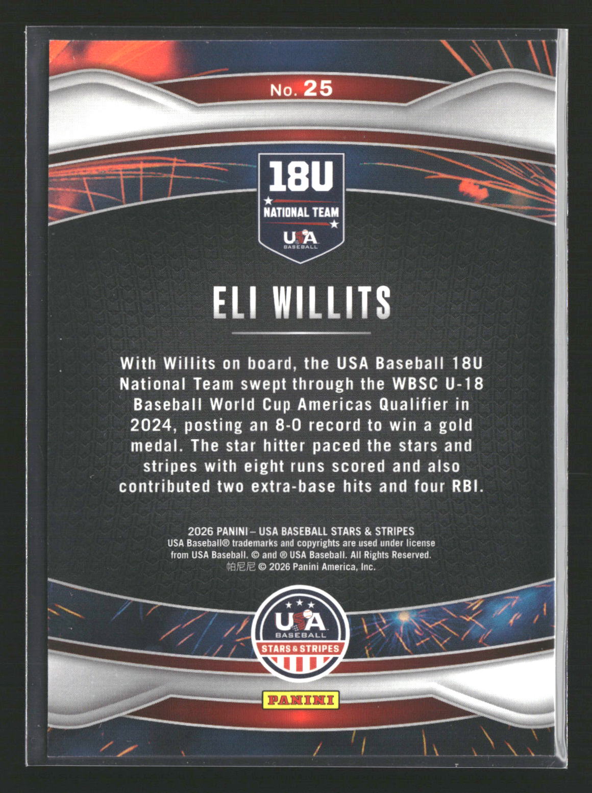 2026 Panini Stars & Stripes Prizm USA Baseball #25 Eli Willits Fireworks