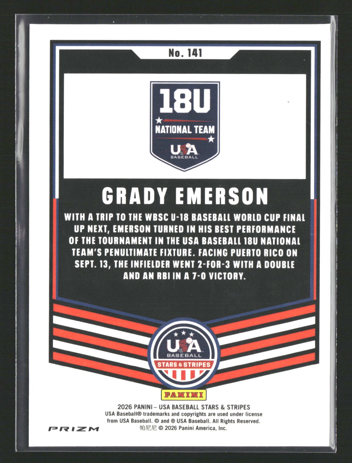 2026 Panini Stars & Stripes Prizm USA Baseball #141 Grady Emerson