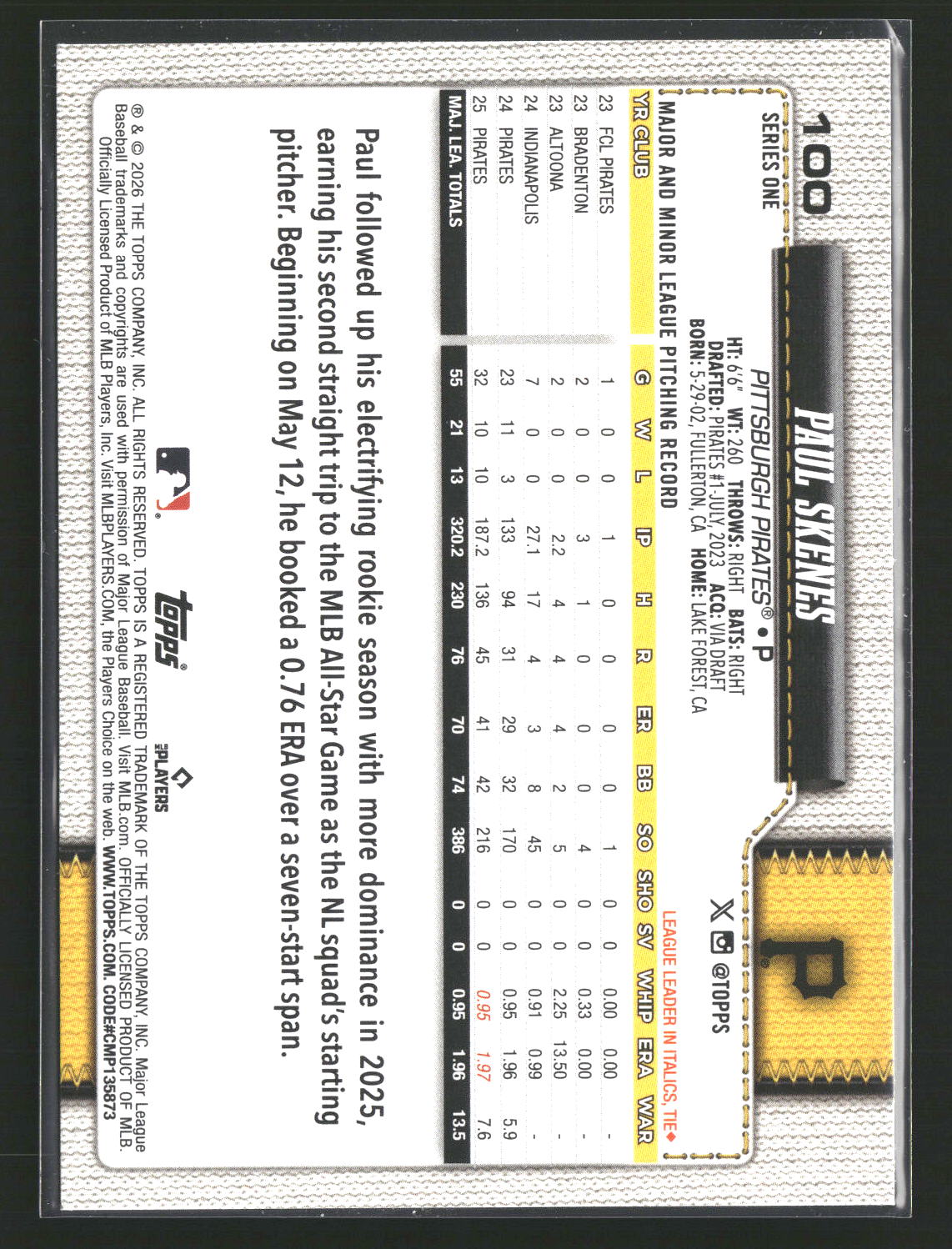 2026 Topps #100 Paul Skenes Holiday