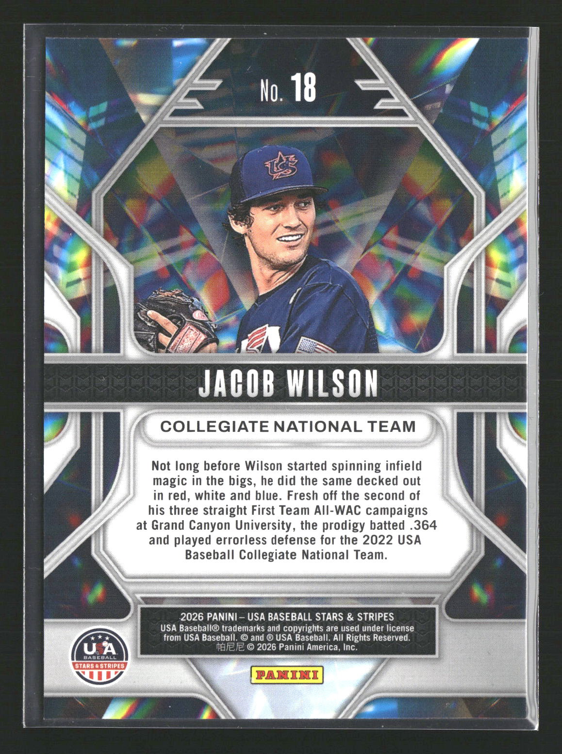 2026 Panini Stars & Stripes Prizm USA Baseball #18 Jacob Wilson Prizmatic