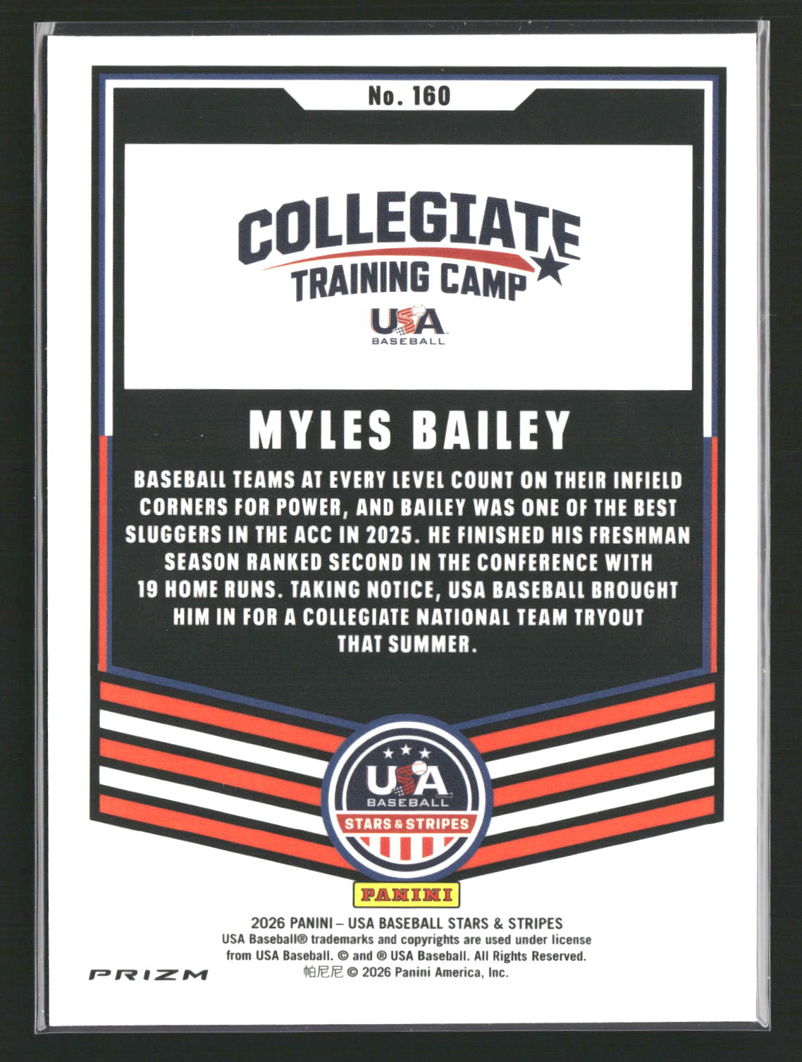 2026 Panini Stars & Stripes Prizm USA Baseball - Ruby Wave #160 Myles Bailey