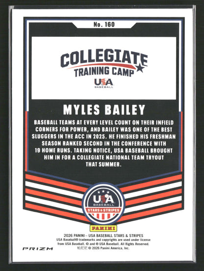 2026 Panini Stars & Stripes Prizm USA Baseball - Ruby Wave #160 Myles Bailey