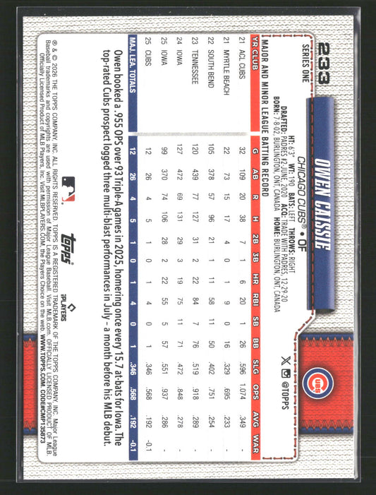 2026 Topps #233 Owen Caissie Holiday